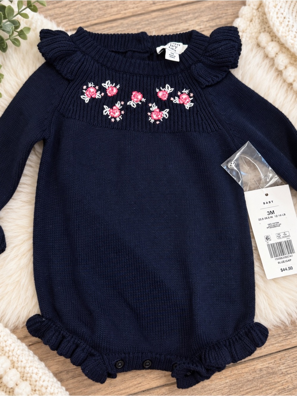 Crown and Ivy Navy Sweater One-Piece with Pink Floral Embroidery 3m